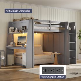Full Size High Loft Bed with Built-in Desk, LED Lights, Storage Shelves & Double Door Wardrobe Closet