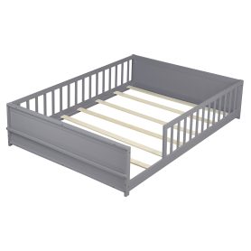 Full Size Rubber Wood Floor Bed with Guardrails, Built-in Book Rack