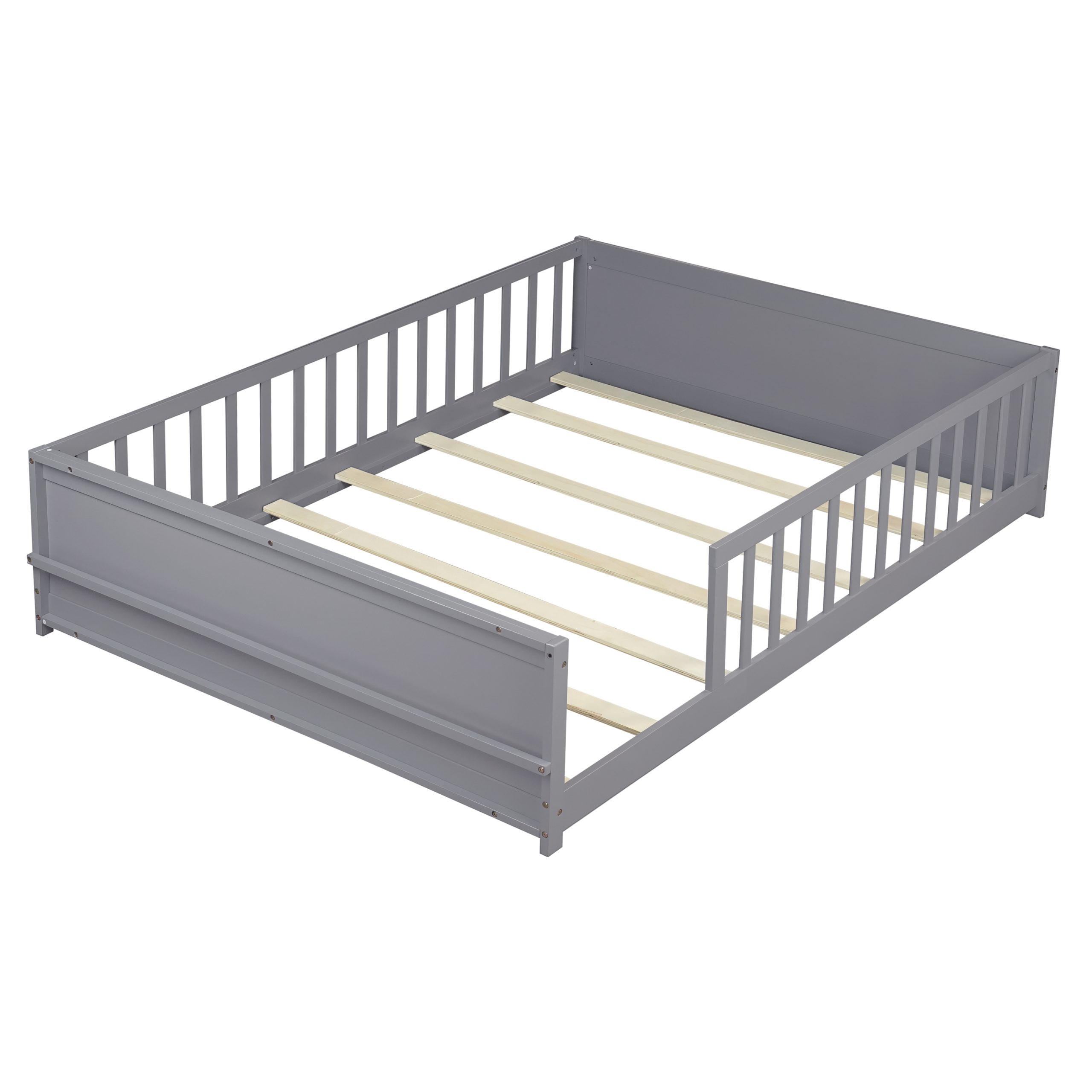 Full Size Rubber Wood Floor Bed with Guardrails, Built-in Book Rack