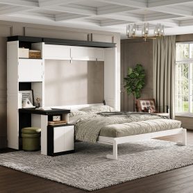 Queen Size Murphy Bed with Desk and Storage Shelves and Cabinets