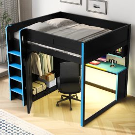 Full Size Loft Bed with Built-in Wardrobe, USB, Desk, Over-Desk Storage Shelves & Under-Desk LED Lights