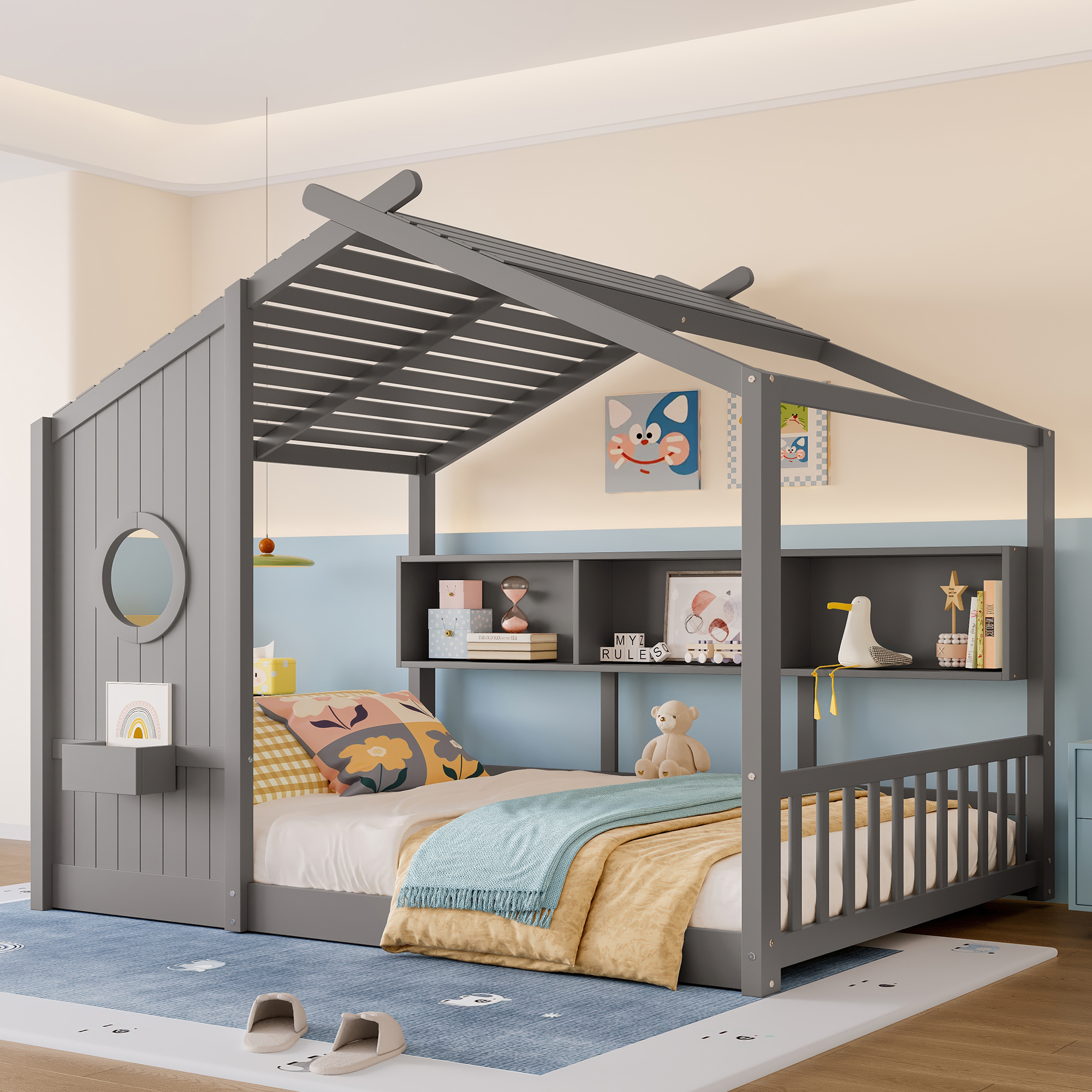 Full Size Floor House Bed for Toddler, Kids