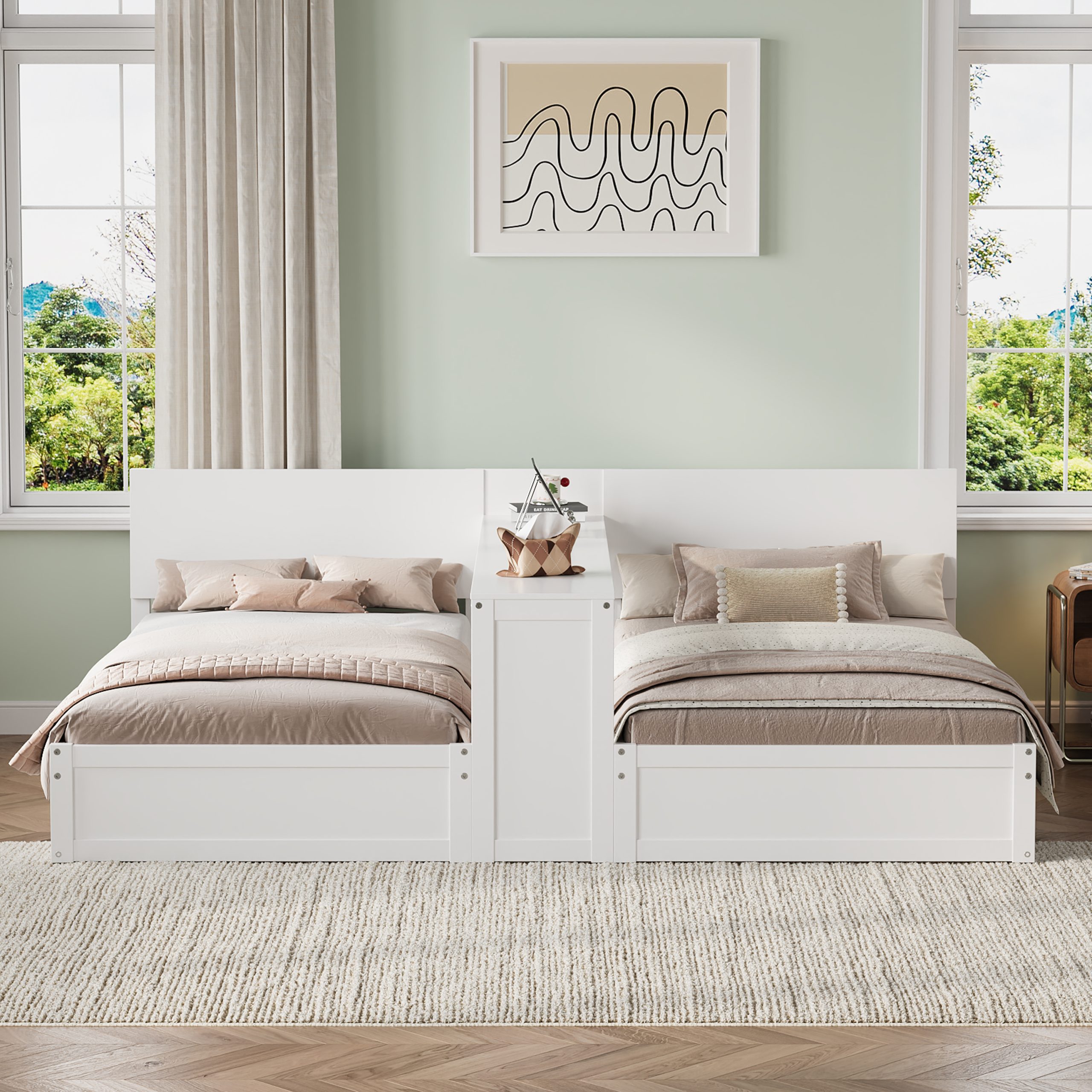 Twin Platform Bed Frame Set with Adjustable Storage Desk