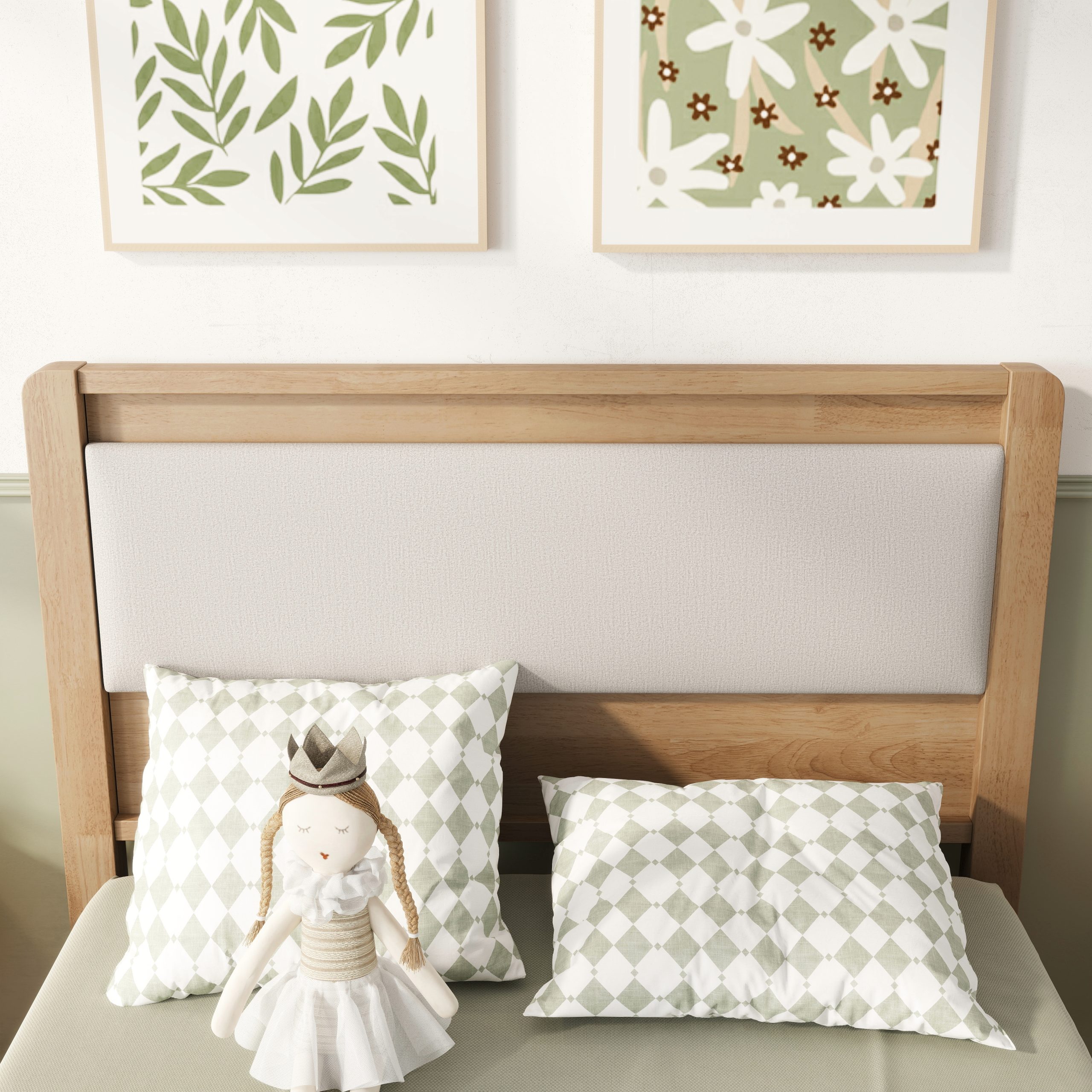 Twin Xl Size Solid Rubber Wooden Bed With Upholstered Headboard