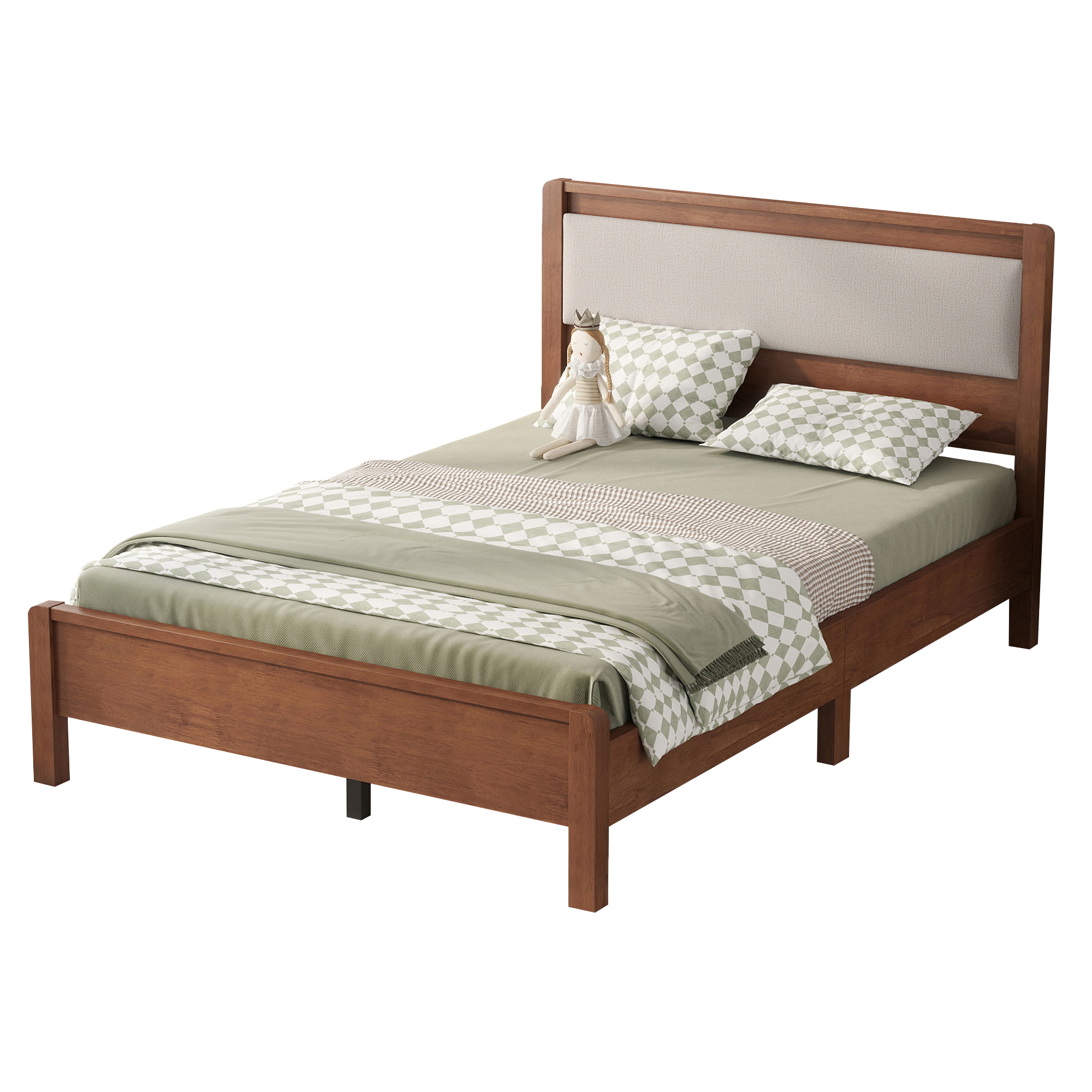 Full Size Solid Rubber Wooden Bed With Upholstered Headboard