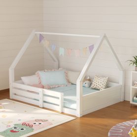 Twin Size House Floor Wooden Bed with House Roof Frame, Fence Guardrails & Grooved Panel Design