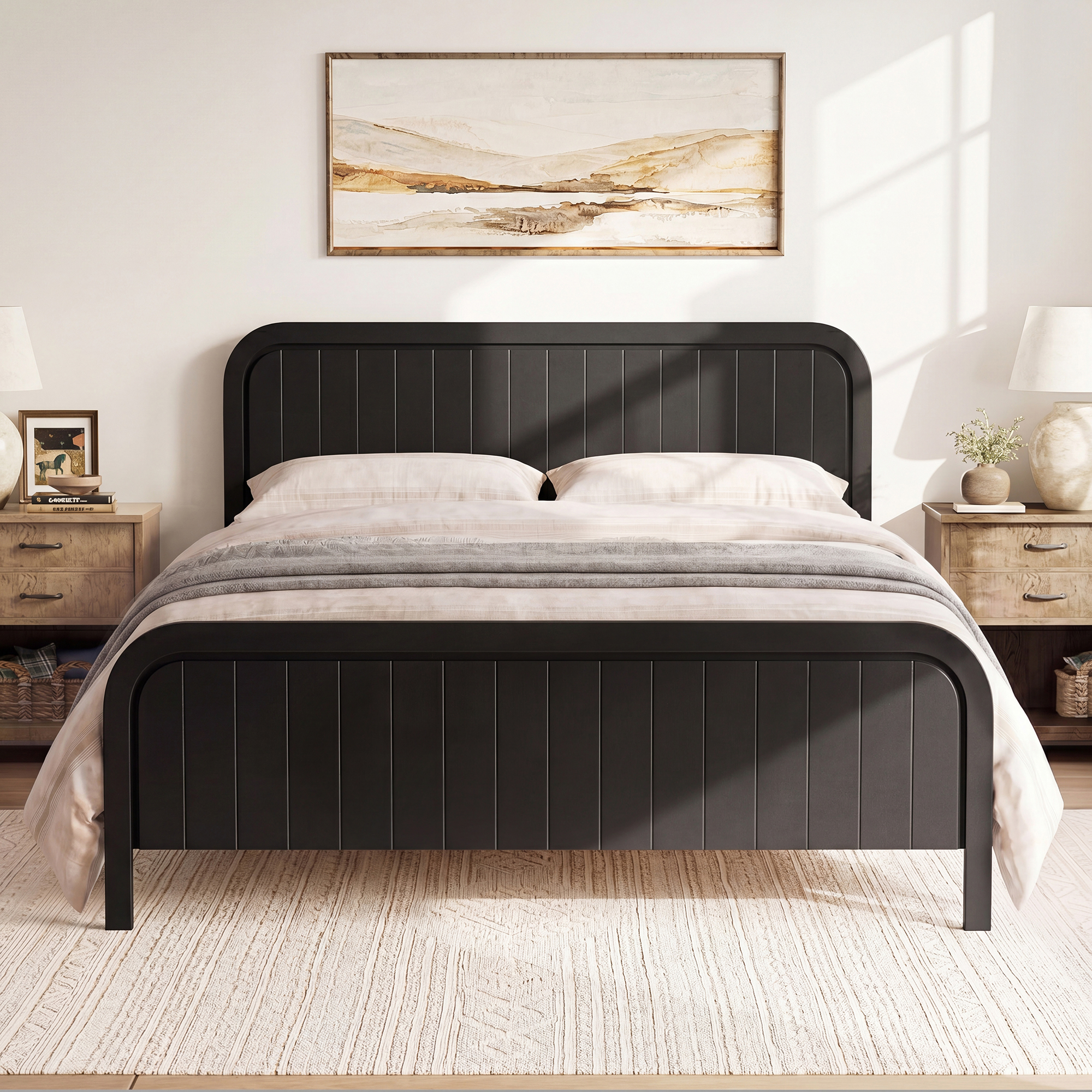 Wood Queen Bed Frame With Headboard, Noise-free Design, No Box Spring Needed
