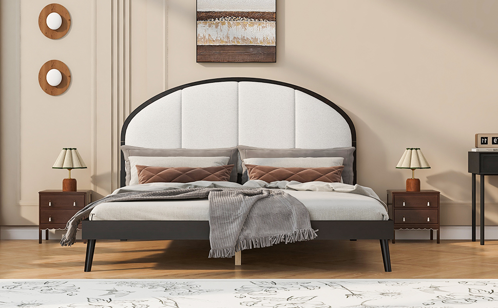 Queen Size Upholstered Platform Bed Frame With Linen Headboard