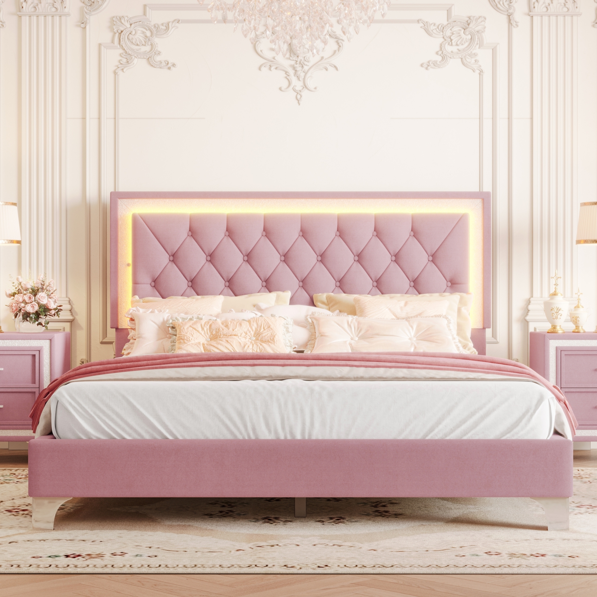 Queen Size Upholstered Bed Frame With LED Lights