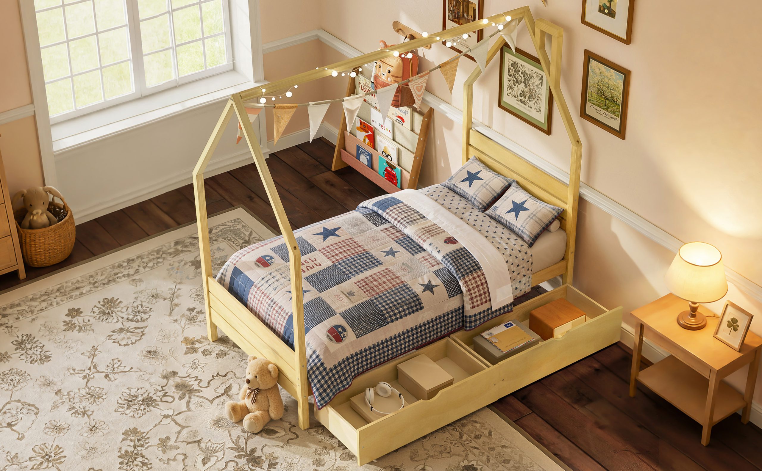 Wood House Shape Twin Montessori Bed with 2 Storage Drawers