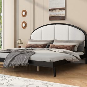 King Size Upholstered Platform Bed Frame With Linen Headboard