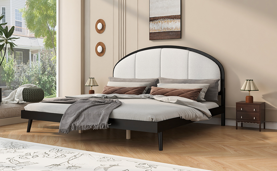 King Size Upholstered Platform Bed Frame With Linen Headboard