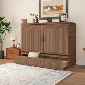 Pine Wood Cabinet Bed with Charging Station and Ripple Decoration Panels