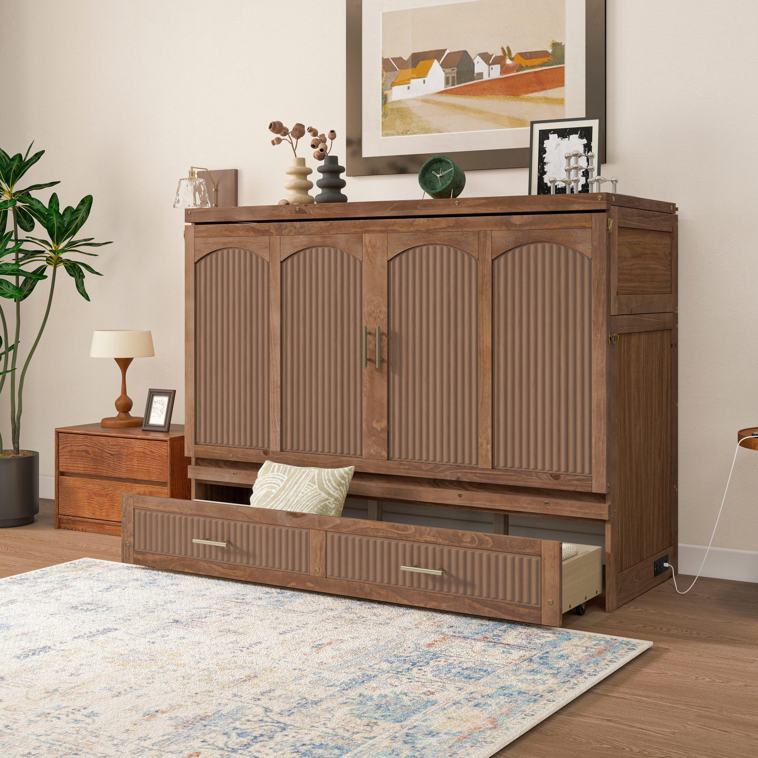Pine Wood Cabinet Bed with Charging Station and Ripple Decoration Panels