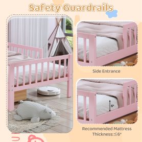 Twin Size Bed with Headboard Storage Rack, Two Under-Bed Drawers, Three-Side Guardrails for Safety and Securit