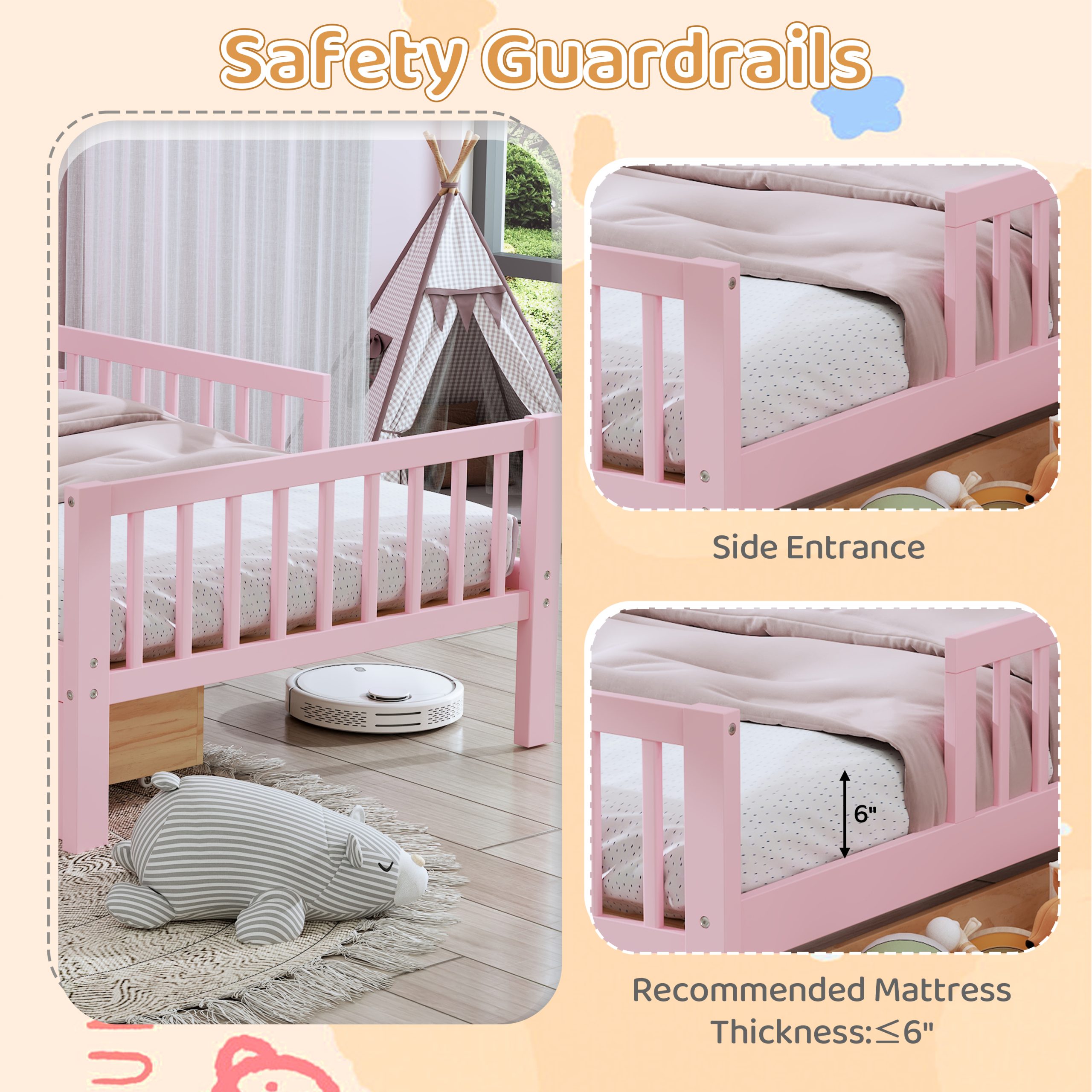 Twin Size Bed with Headboard Storage Rack, Two Under-Bed Drawers, Three-Side Guardrails for Safety and Securit