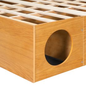 Queen Wood Platform Bed with Removable Headboard, Under-Bed Pet Maze & Private Space, Decorative Footboard, Detachable Slats