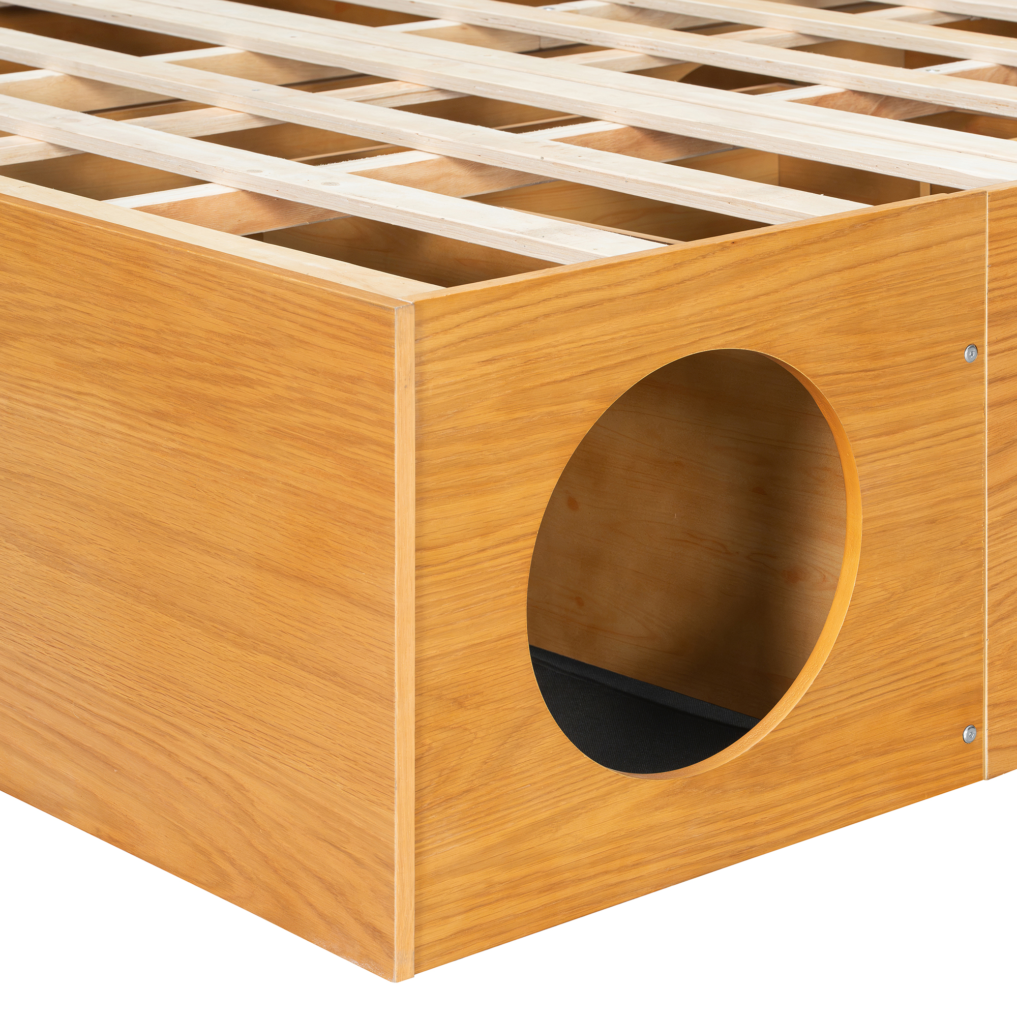 Queen Wood Platform Bed with Removable Headboard, Under-Bed Pet Maze & Private Space, Decorative Footboard, Detachable Slats