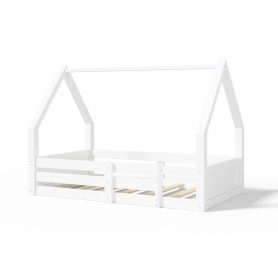 Twin Size House Floor Wooden Bed with House Roof Frame, Fence Guardrails & Grooved Panel Design