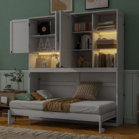 Twin Size Murphy Bed with Top Cabinet, Shelves and Light & USB