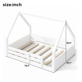 Full Size House Floor Wooden Bed with House Roof Frame, Fence Guardrails & Grooved Panel Design