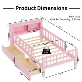 Twin Size Bed with Headboard Storage Rack, Two Under-Bed Drawers, Three-Side Guardrails for Safety and Securit