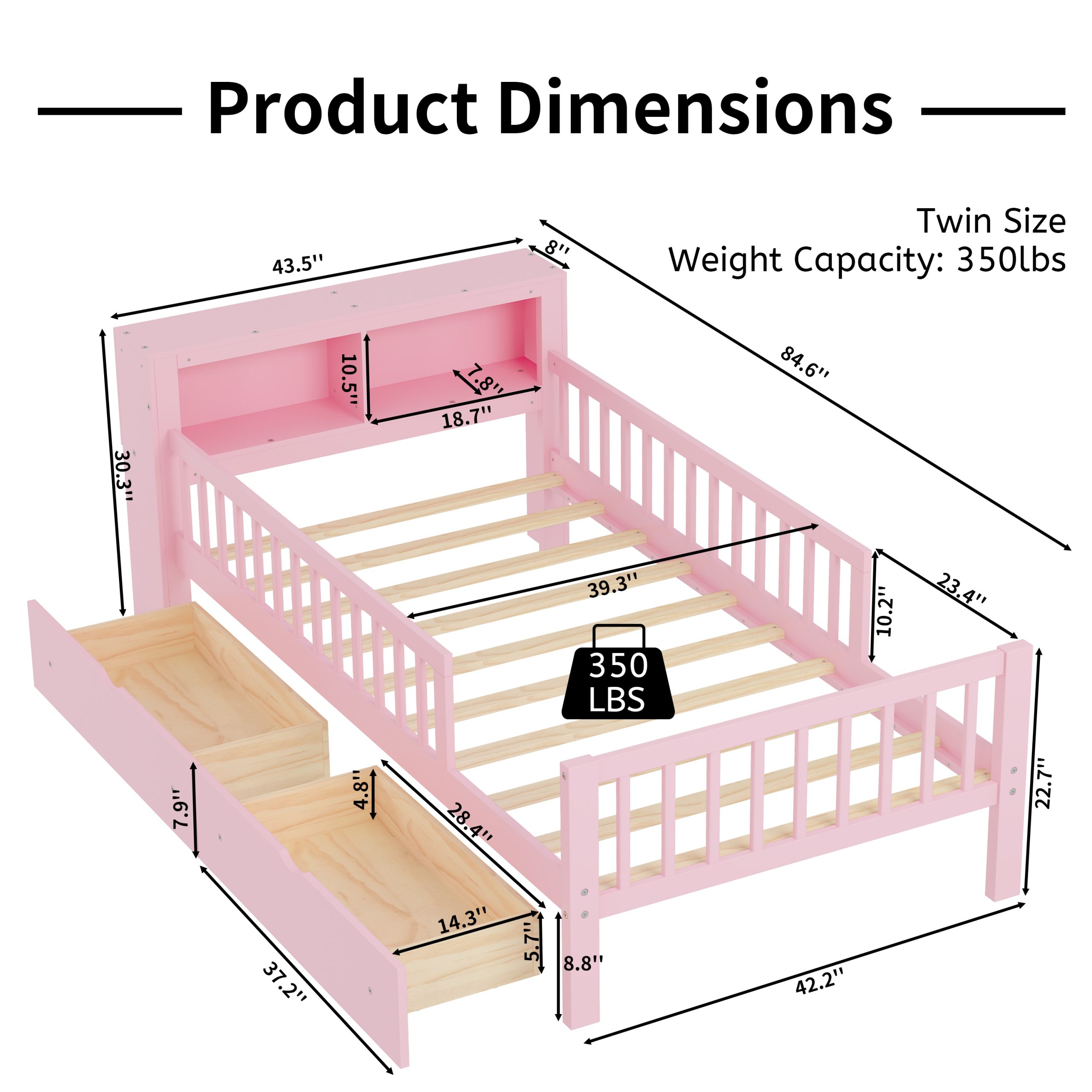 Twin Size Bed with Headboard Storage Rack, Two Under-Bed Drawers, Three-Side Guardrails for Safety and Securit
