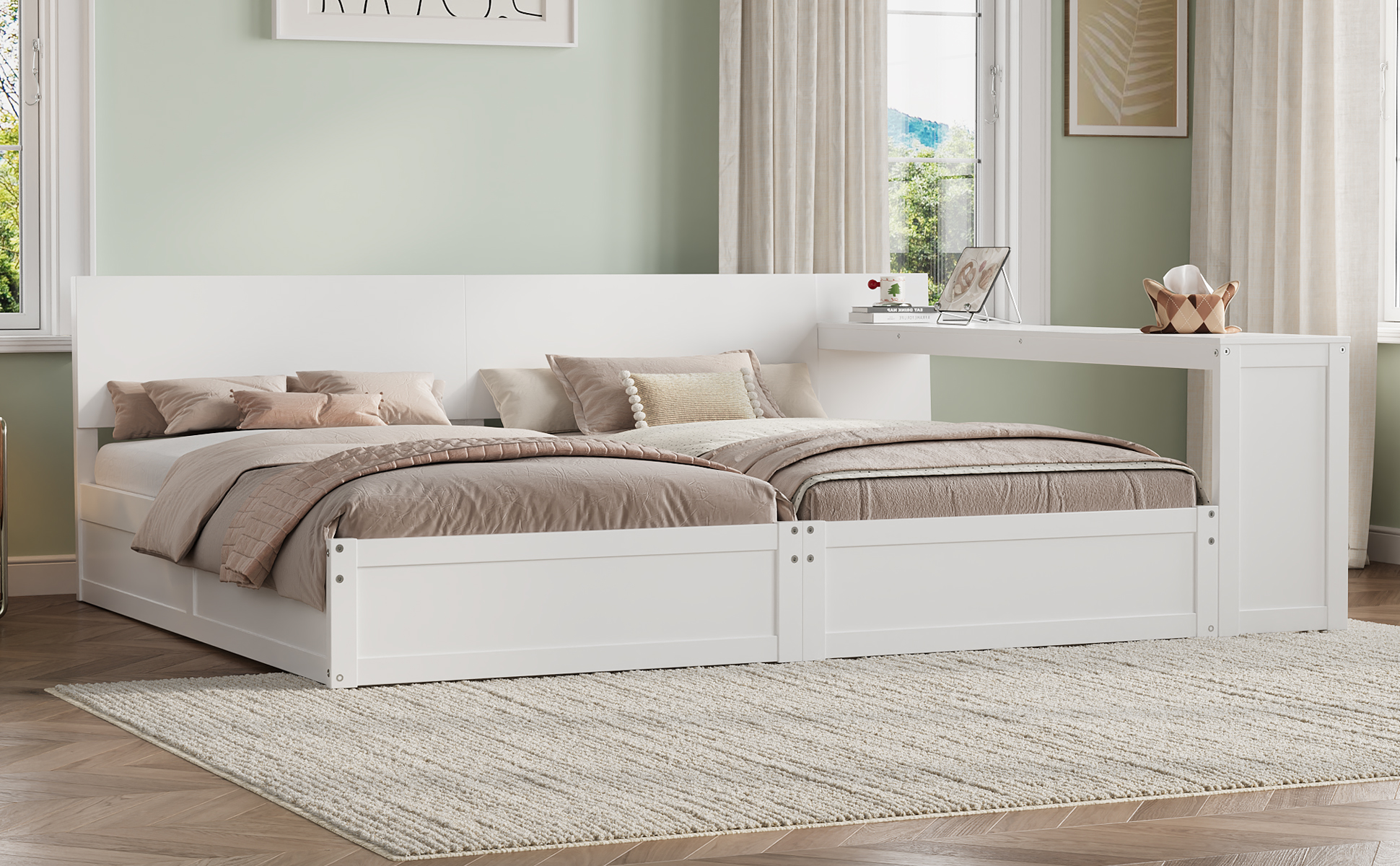 Twin Platform Bed Frame Set with Adjustable Storage Desk