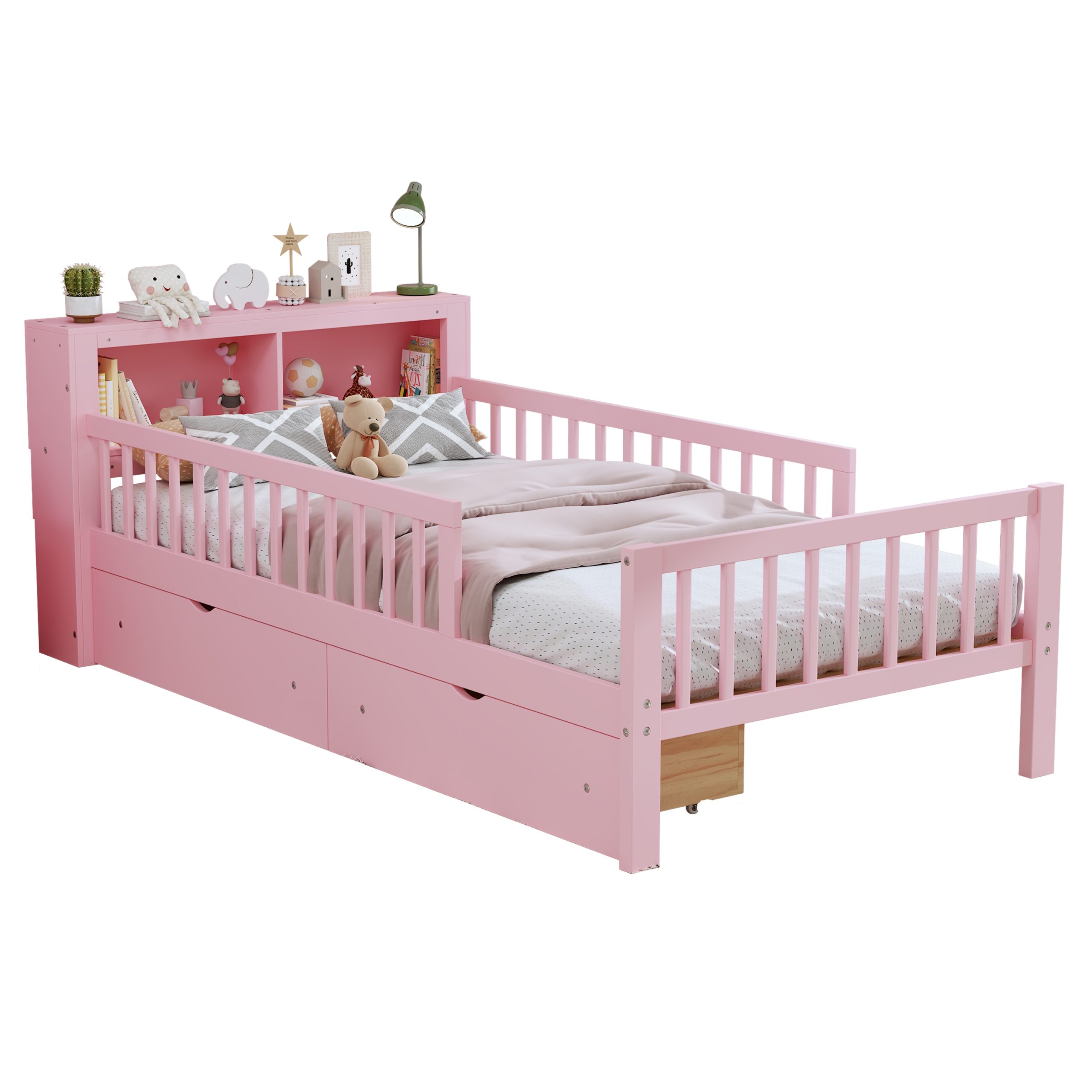 Twin Size Bed with Headboard Storage Rack, Two Under-Bed Drawers, Three-Side Guardrails for Safety and Securit
