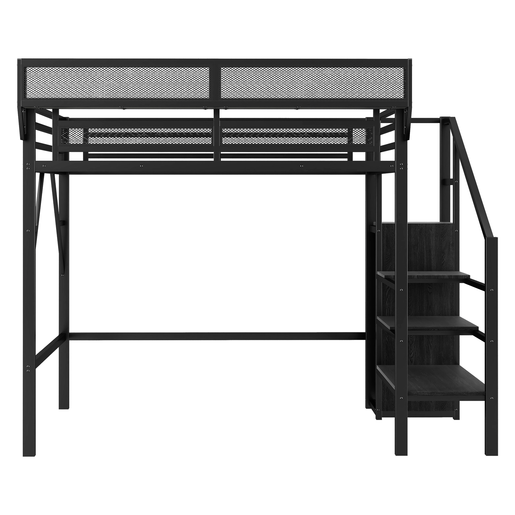 Metal Twin Xl Size Loft Bed With Stairs, Storage Shelves and Wardrobe