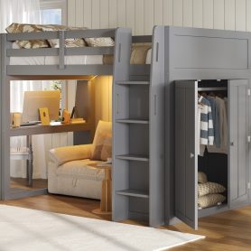 Full Size High Loft Bed with Built-in Desk, LED Lights, Storage Shelves & Double Door Wardrobe Closet