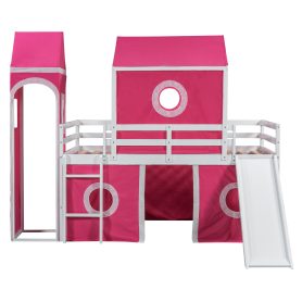 Solid Wood Twin Size Loft Bed With Slide Pink Tent And Tower