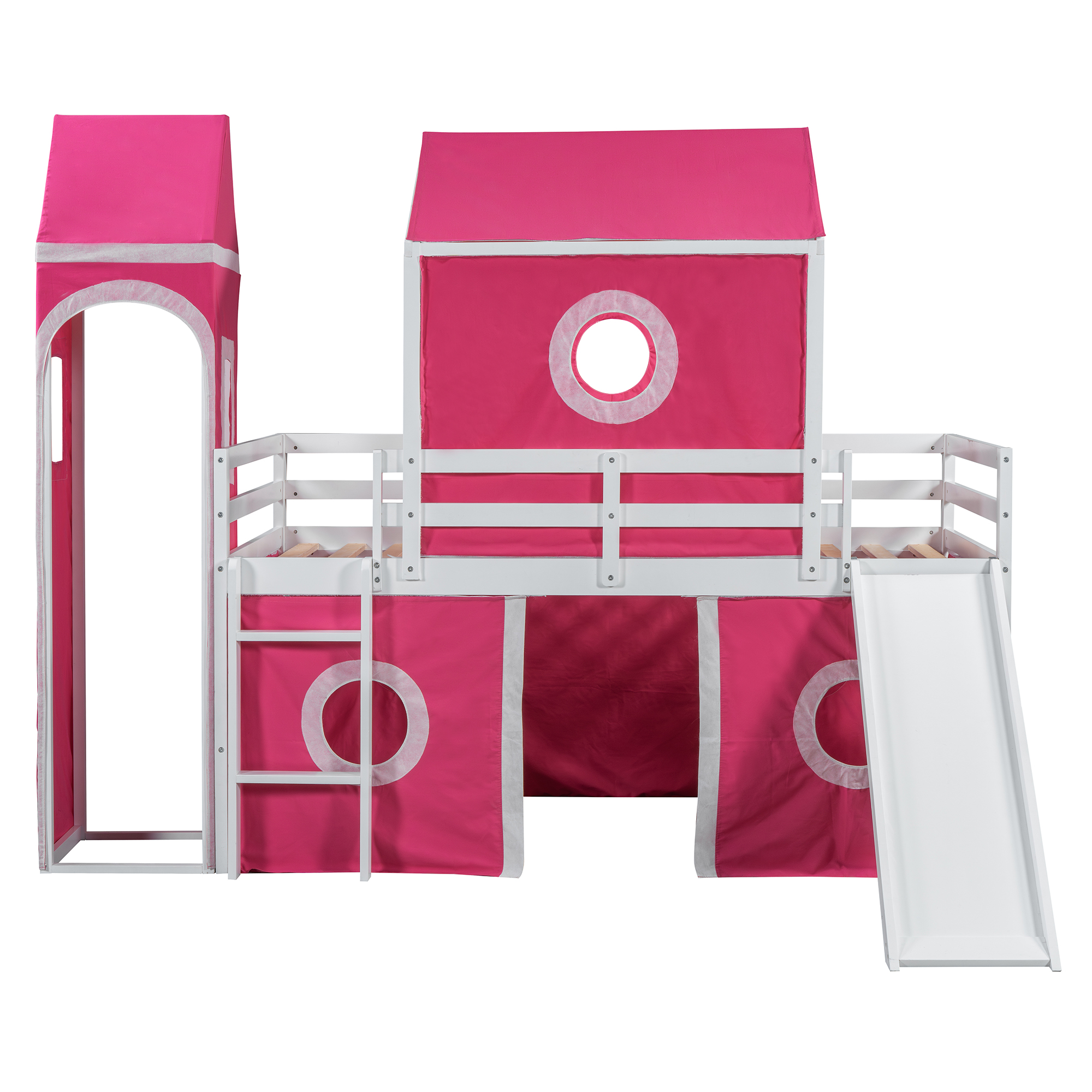 Solid Wood Twin Size Loft Bed With Slide Pink Tent And Tower