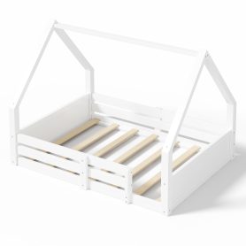 Full Size House Floor Wooden Bed with House Roof Frame, Fence Guardrails & Grooved Panel Design