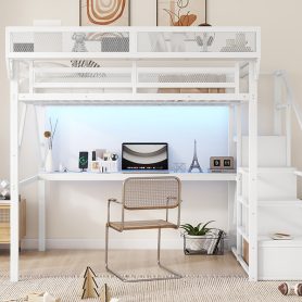 Metal Full Loft Bed With Desk, Charging Station, Stairs And Light