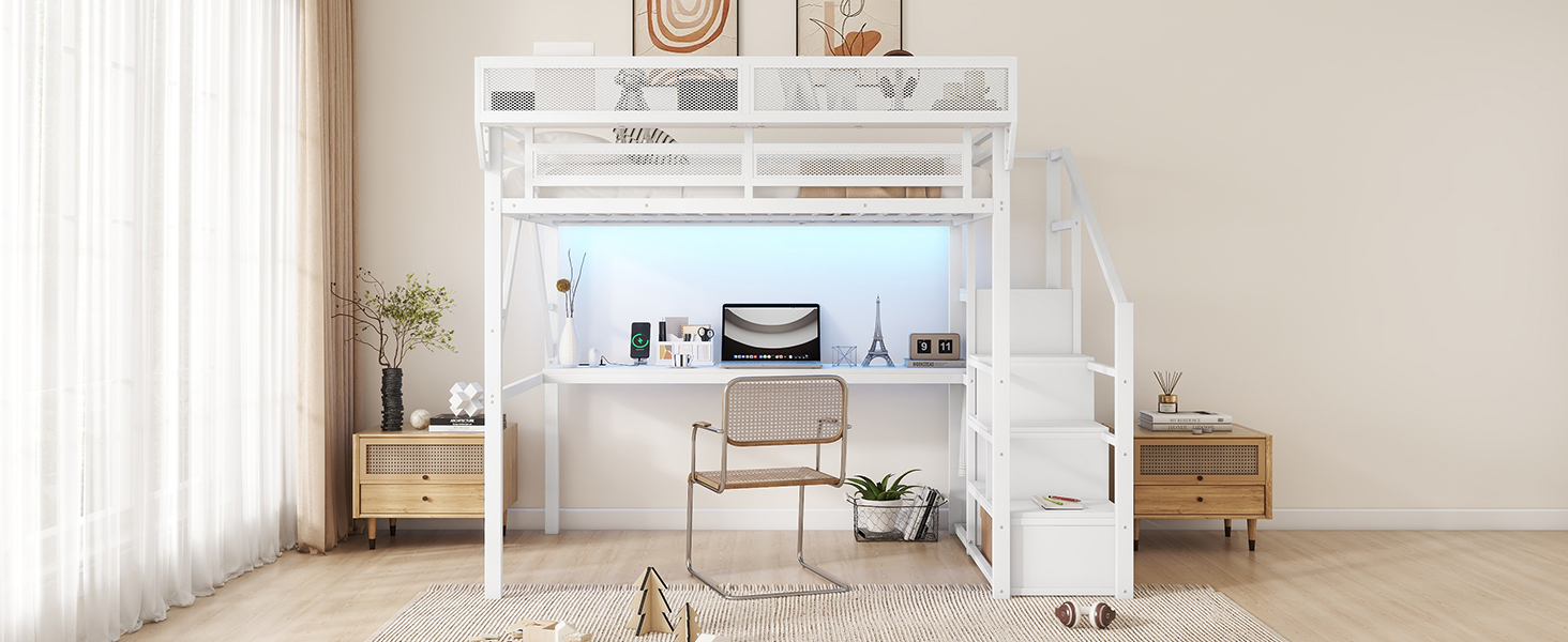Metal Full Loft Bed With Desk, Charging Station, Stairs And Light