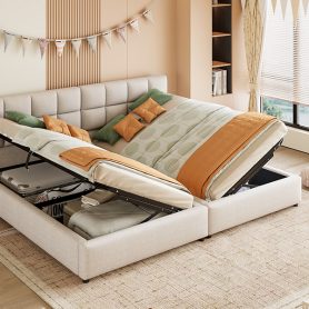 Twin Size Upholstered Platform Bed With A Hydraulic Storage System, Set Of 2