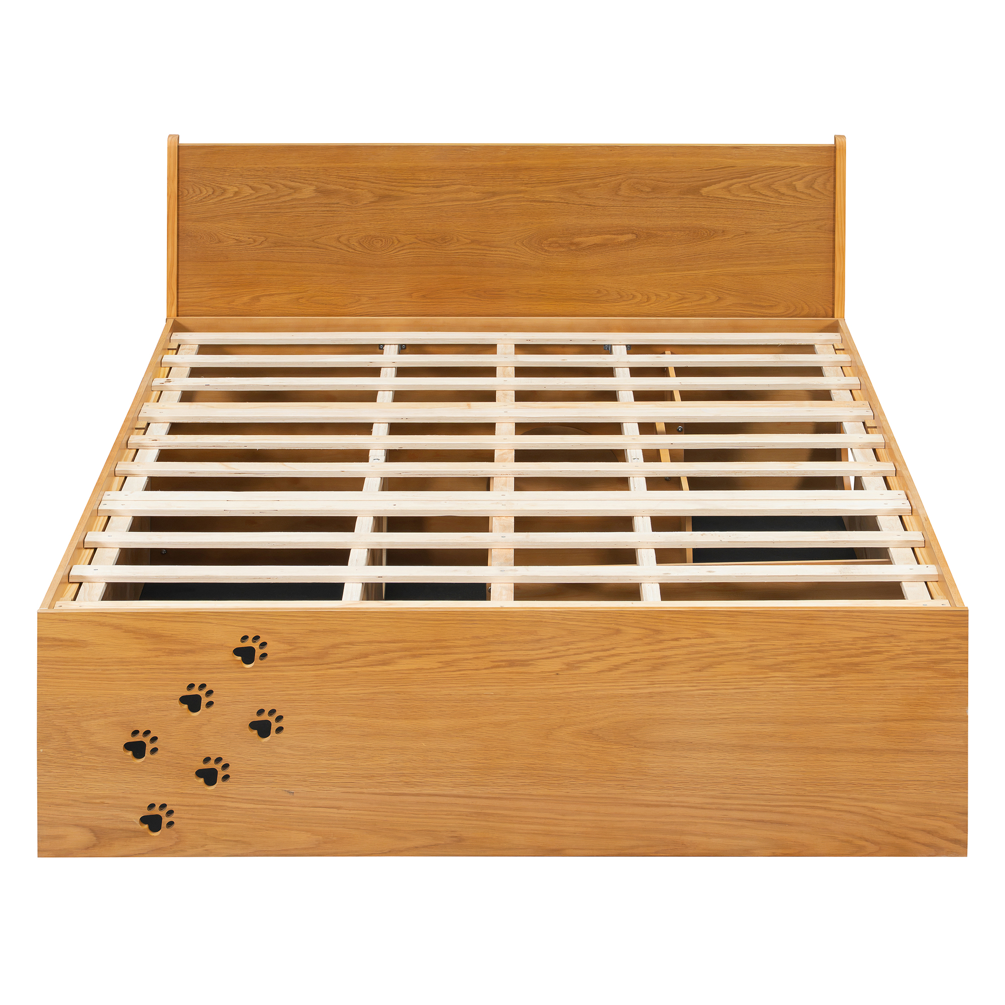 Queen Wood Platform Bed with Removable Headboard, Under-Bed Pet Maze & Private Space, Decorative Footboard, Detachable Slats