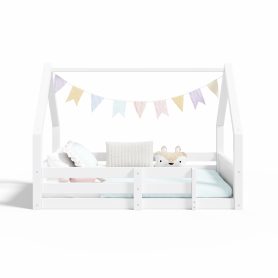 Twin Size House Floor Wooden Bed with House Roof Frame, Fence Guardrails & Grooved Panel Design