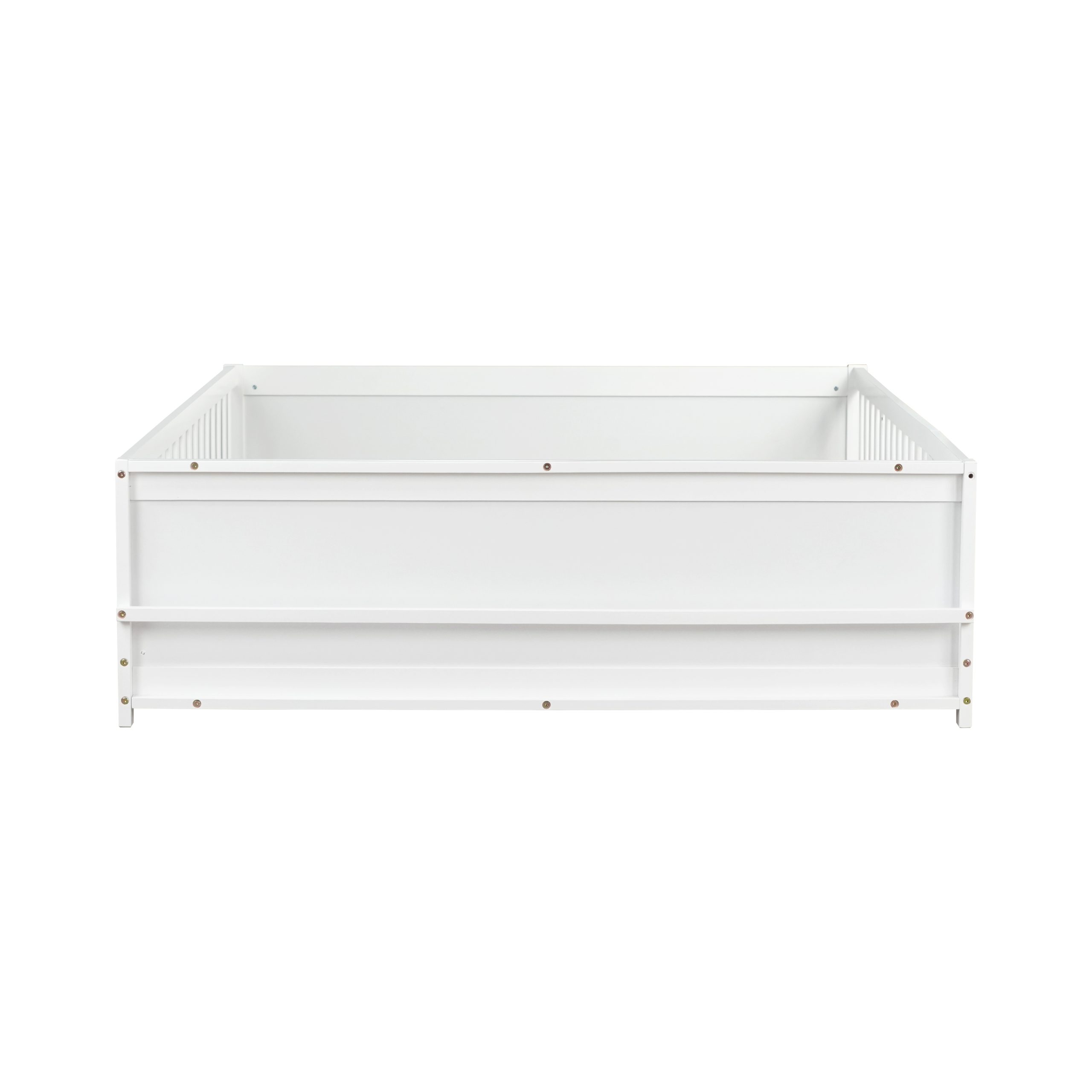 Full Size Rubber Wood Floor Bed with Guardrails, Built-in Book Rack, Door