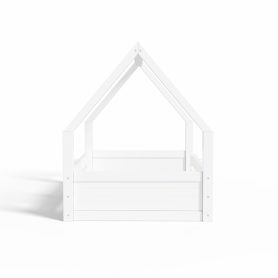 Twin Size House Floor Wooden Bed with House Roof Frame, Fence Guardrails & Grooved Panel Design