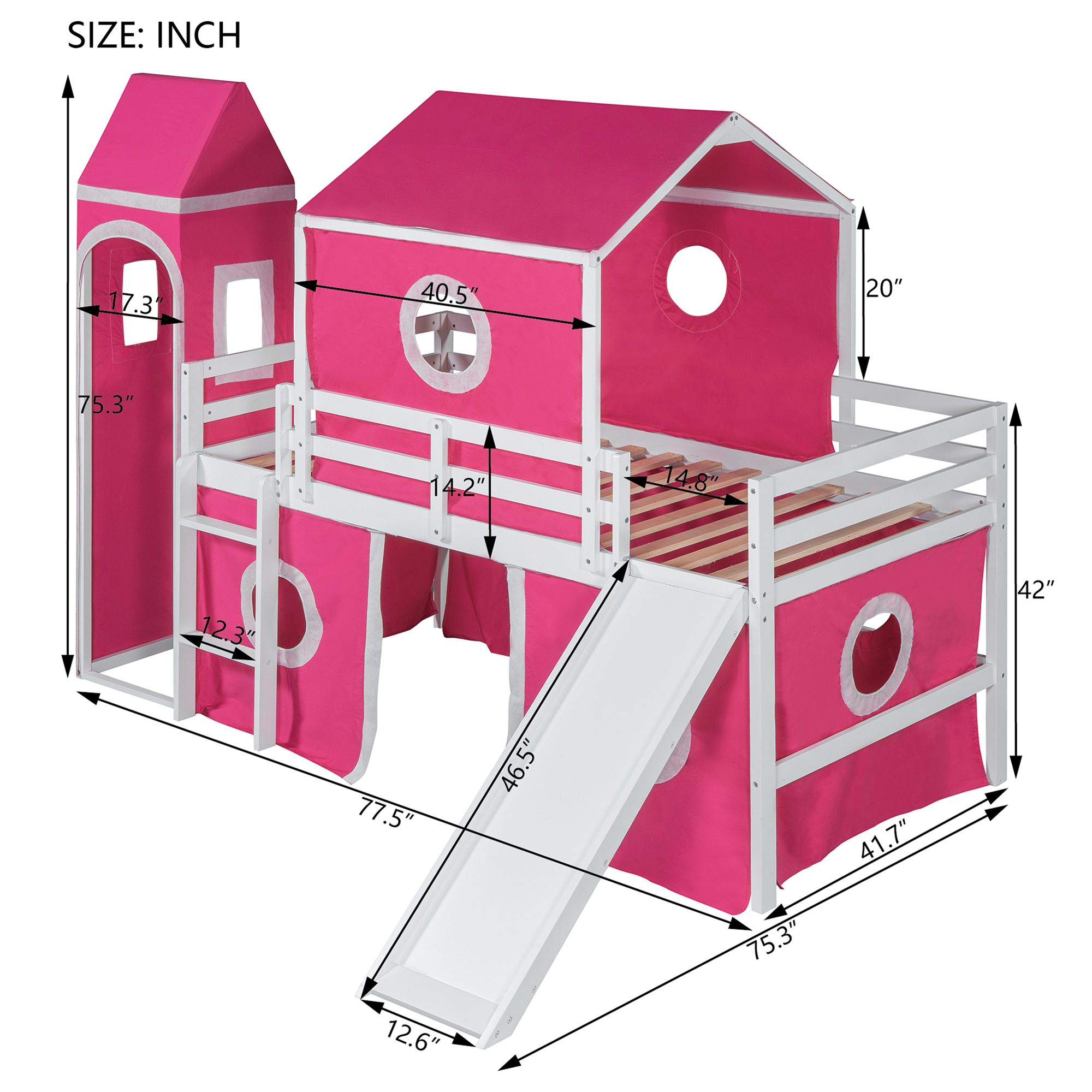 Solid Wood Twin Size Loft Bed With Slide Pink Tent And Tower