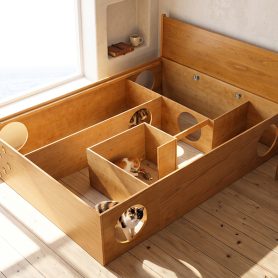 Queen Wood Platform Bed with Removable Headboard, Under-Bed Pet Maze & Private Space, Decorative Footboard, Detachable Slats