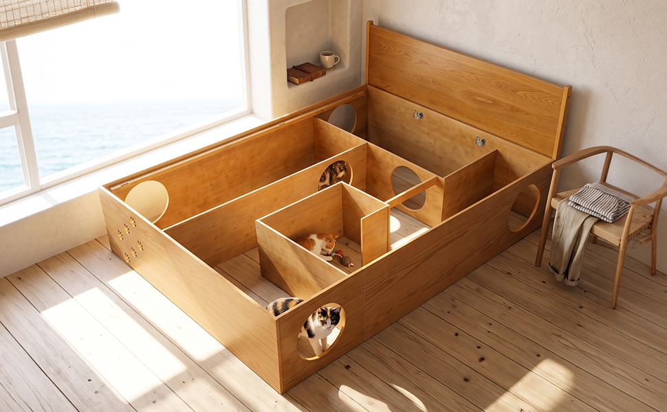 Queen Wood Platform Bed with Removable Headboard, Under-Bed Pet Maze & Private Space, Decorative Footboard, Detachable Slats