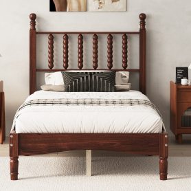 Retro Style Twin Size Wood Platform Bed With Gourd Shaped Headboard