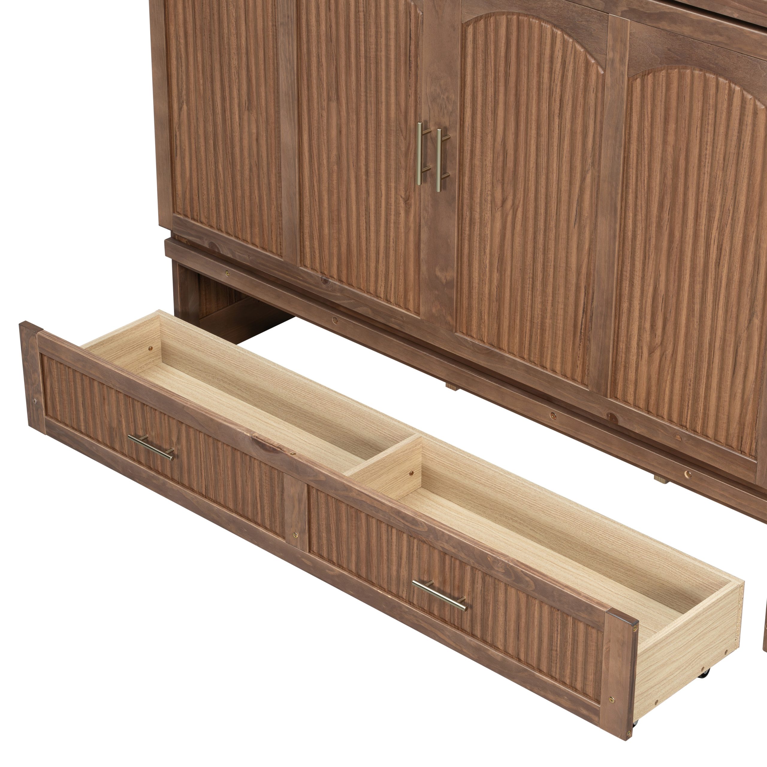 Pine Wood Cabinet Bed with Charging Station and Ripple Decoration Panels