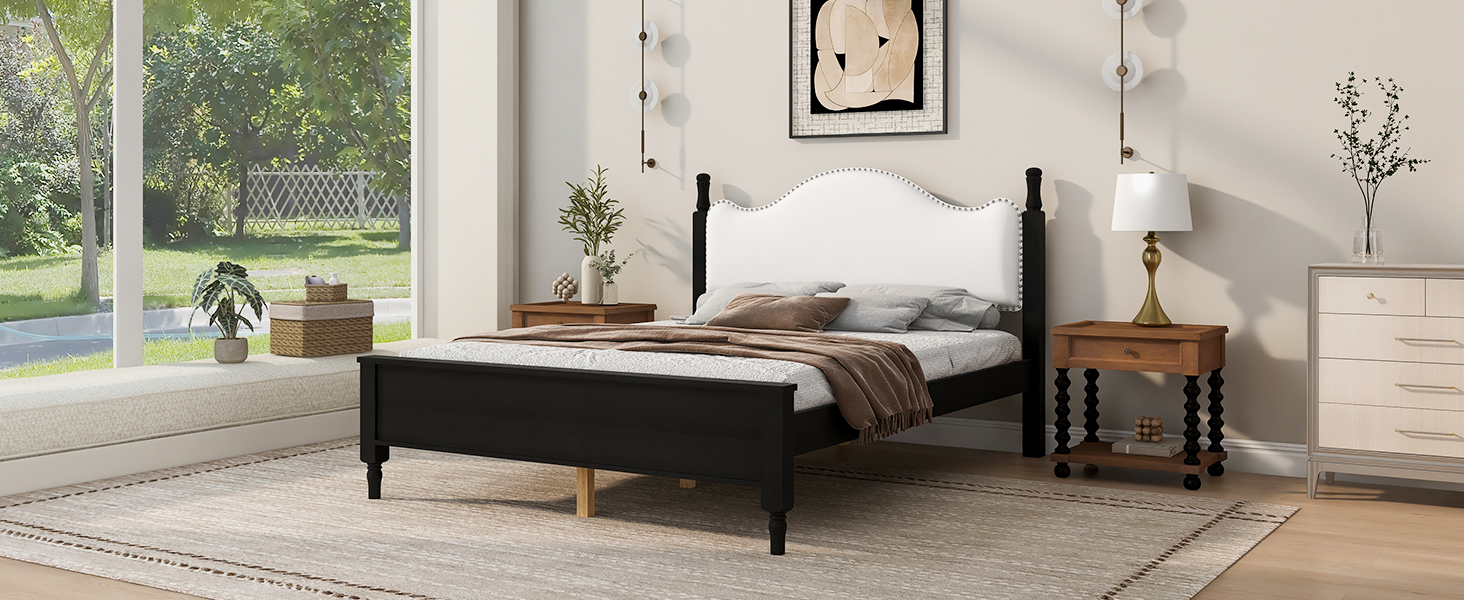 Queen Size Wood Platform Bed with Upholstered Headboard