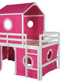 Solid Wood Twin Size Loft Bed With Slide Pink Tent And Tower