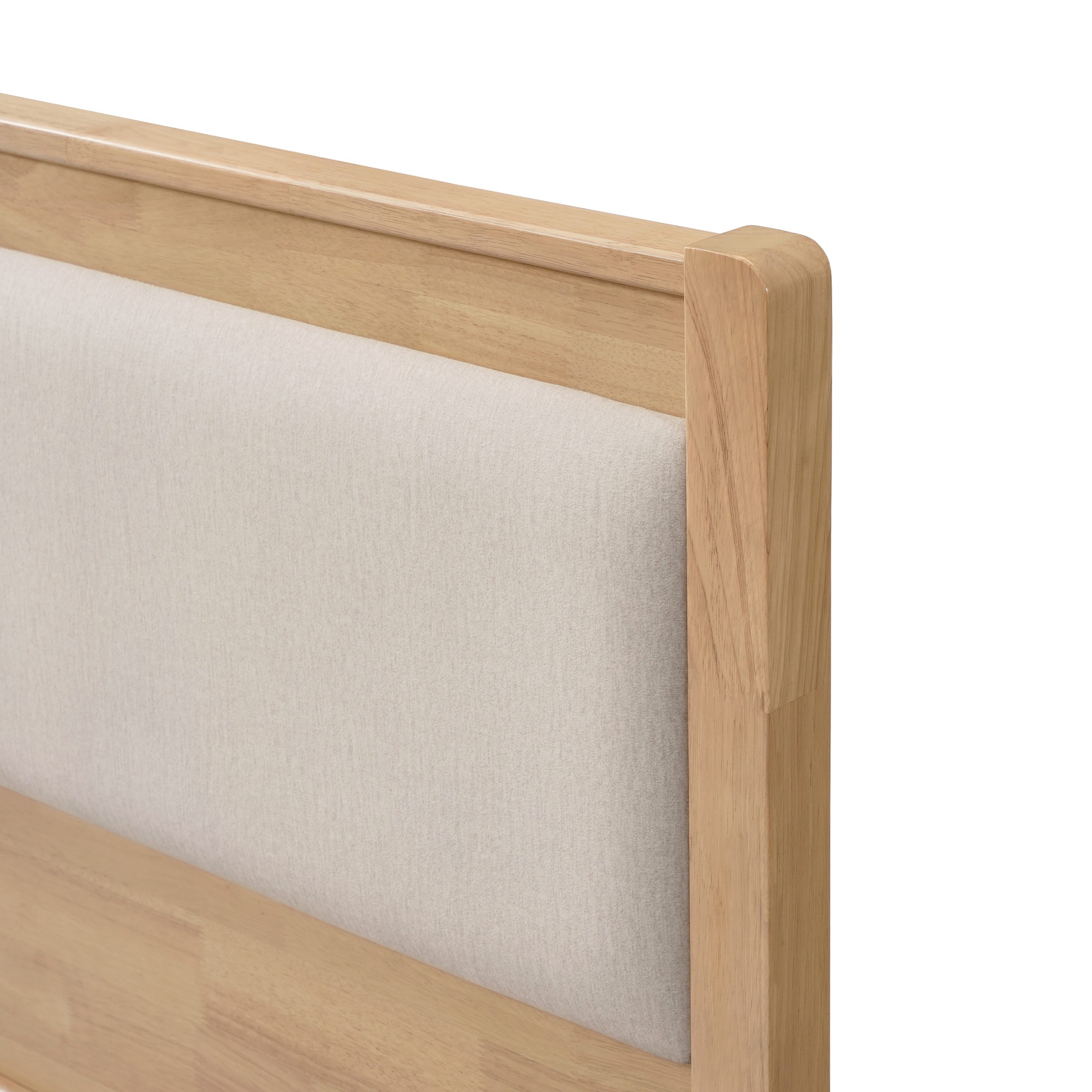 Queen Size Solid Rubber Wooden Bed With Upholstered Headboard