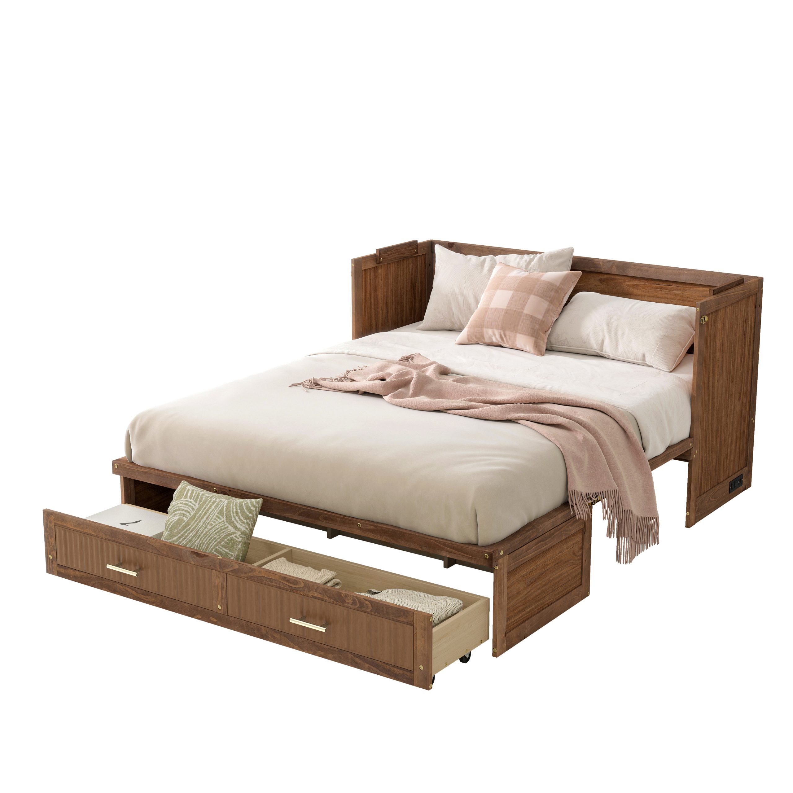 Pine Wood Cabinet Bed with Charging Station and Ripple Decoration Panels